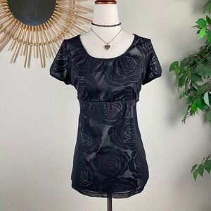Vtg Y2K babydoll blouse size petite medium M black rose